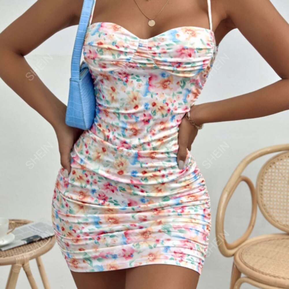 Sexy colorful satin-like scrunched mini dress